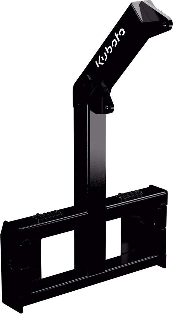 Loader boom attachment with lifting arm and hook on a white studio background.