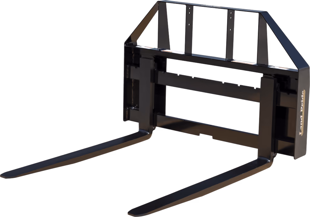 Pallet fork attachment with two steel forks on a white studio background.