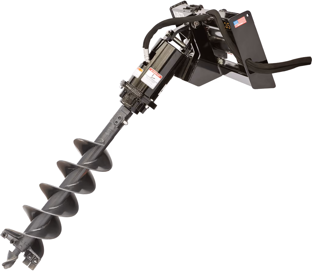 Auger attachment with spiral drill bit on a white studio background.