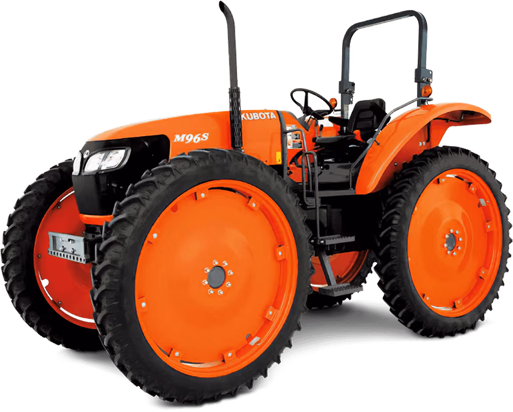 Orange Kubota tractor with roll-over protection on a white studio background.