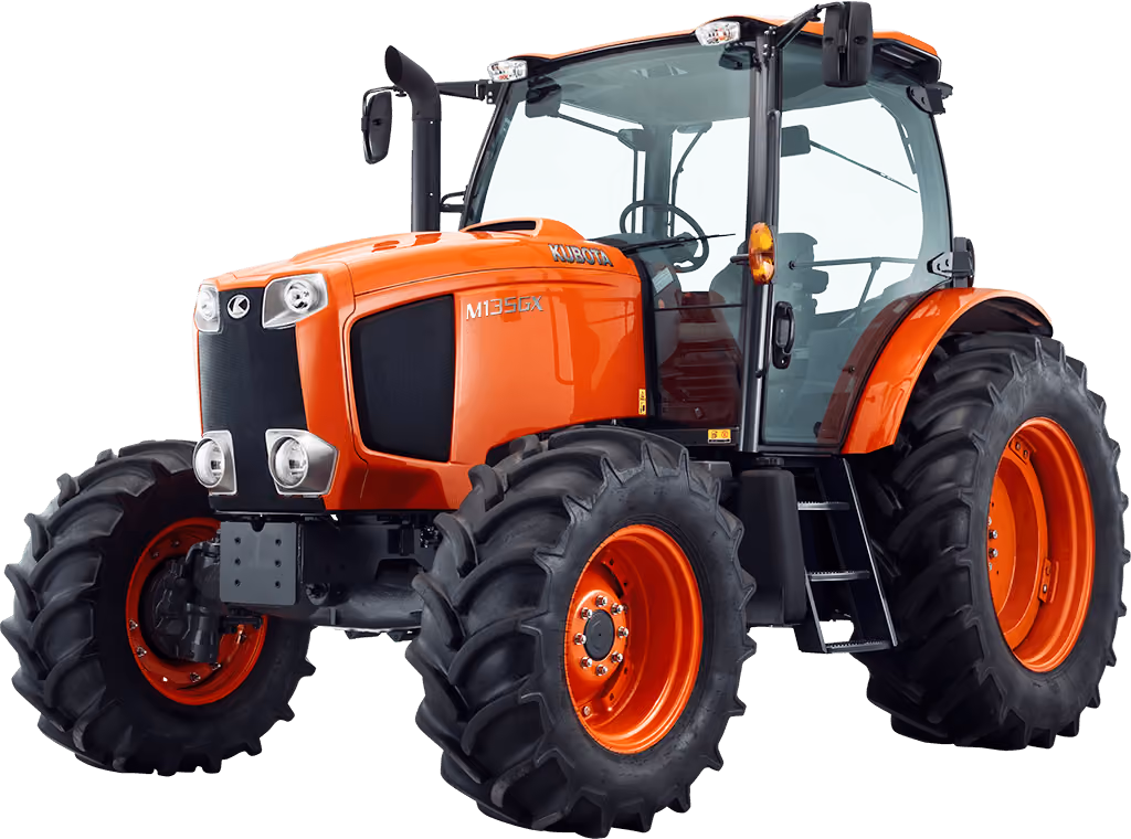 Orange Kubota tractor with roll-over protection on a white studio background.