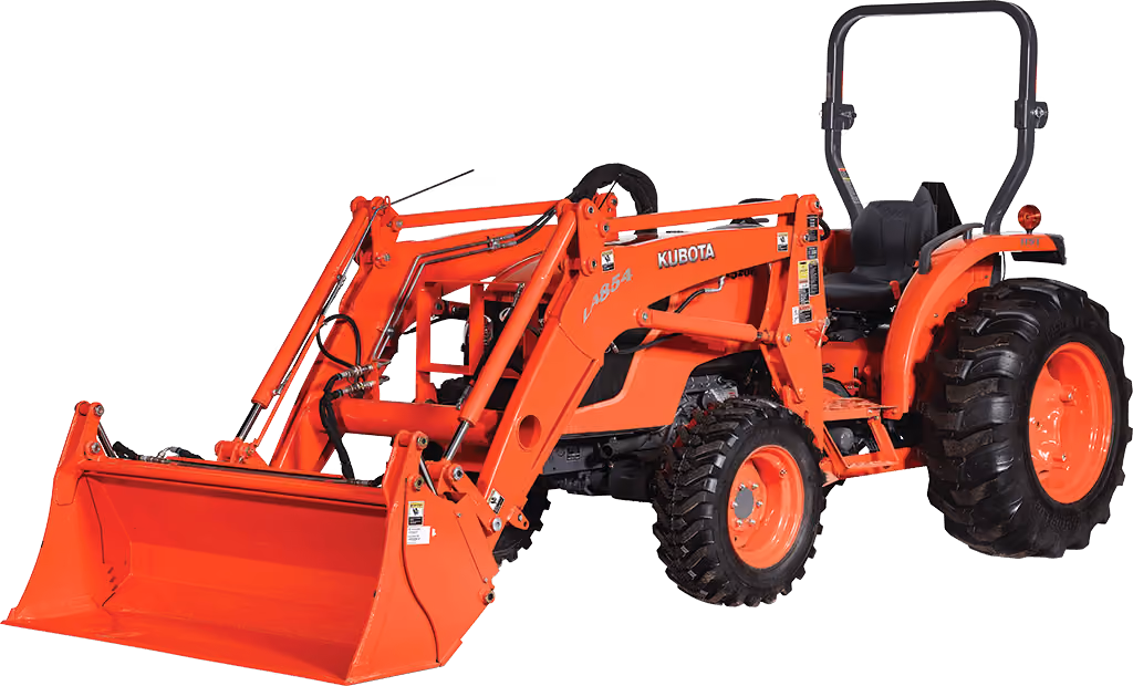 Orange Kubota tractor with roll-over protection on a white studio background.