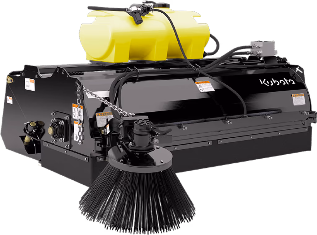 Rotary broom attachment with wide cylindrical brush on a white studio background.