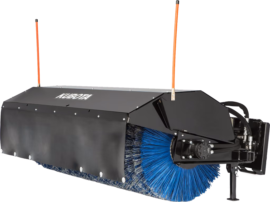 Rotary broom attachment with wide cylindrical brush on a white studio background.