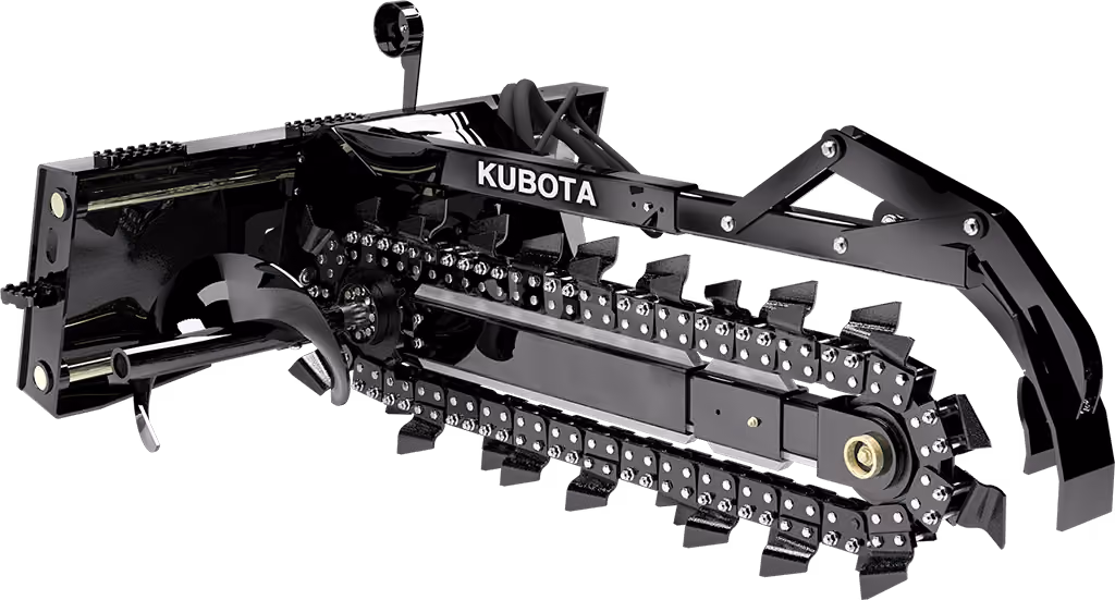 Trencher attachment with digging chain on a white studio background.