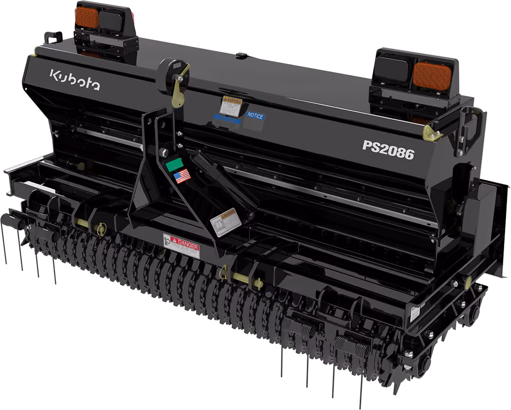 Orange seeder attachment for preparing and planting soil on a white studio background.