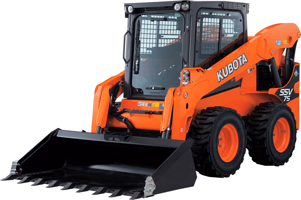Orange Kubota skid steer loader with front bucket on a white studio background.