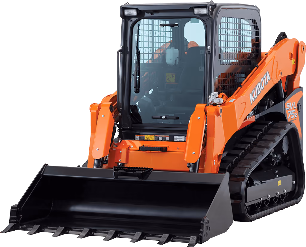 Orange Kubota compact track loader with front bucket on a white studio background.