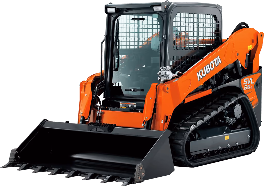 Orange Kubota compact track loader with front bucket on a white studio background.