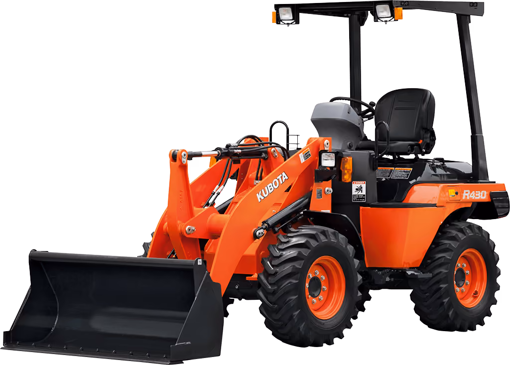 Orange Kubota wheel loader with front bucket on a white studio background.