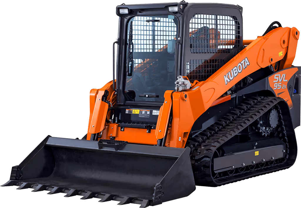 Orange Kubota compact track loader with front bucket on a white studio background.