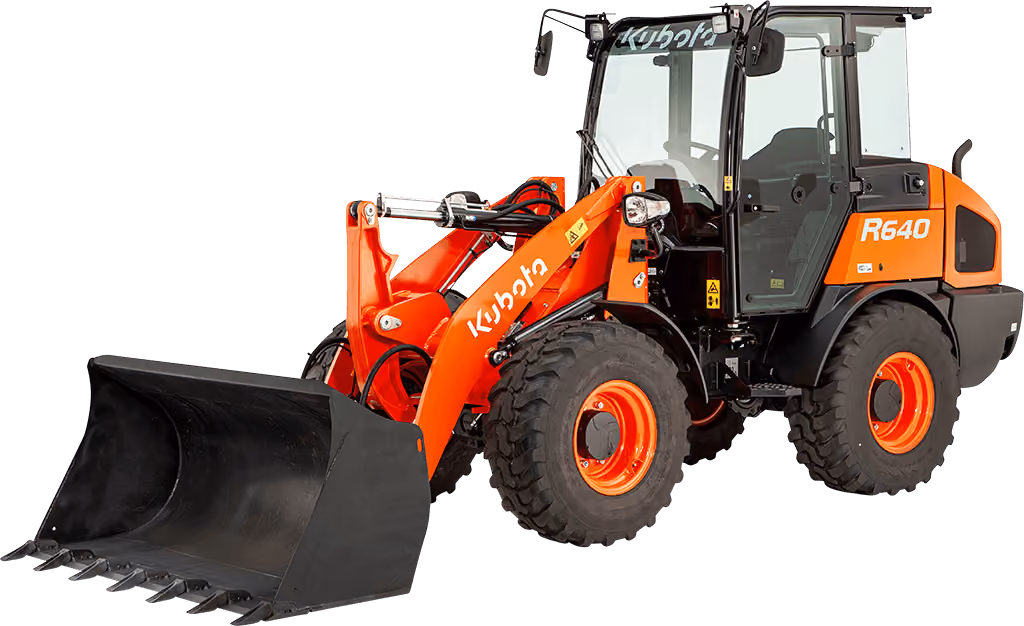 Orange Kubota wheel loader with front bucket on a white studio background.