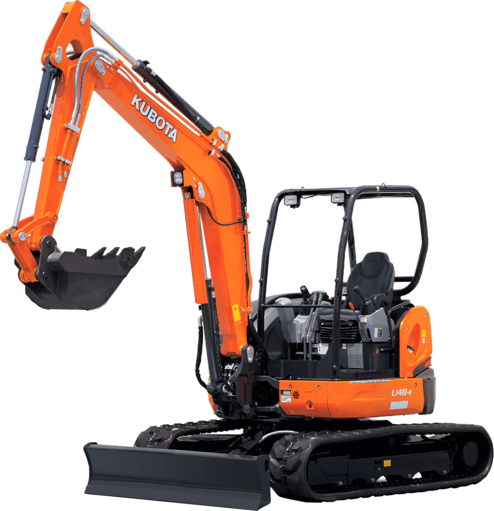 Orange Kubota excavator with tracked undercarriage and digging arm on a white studio background.