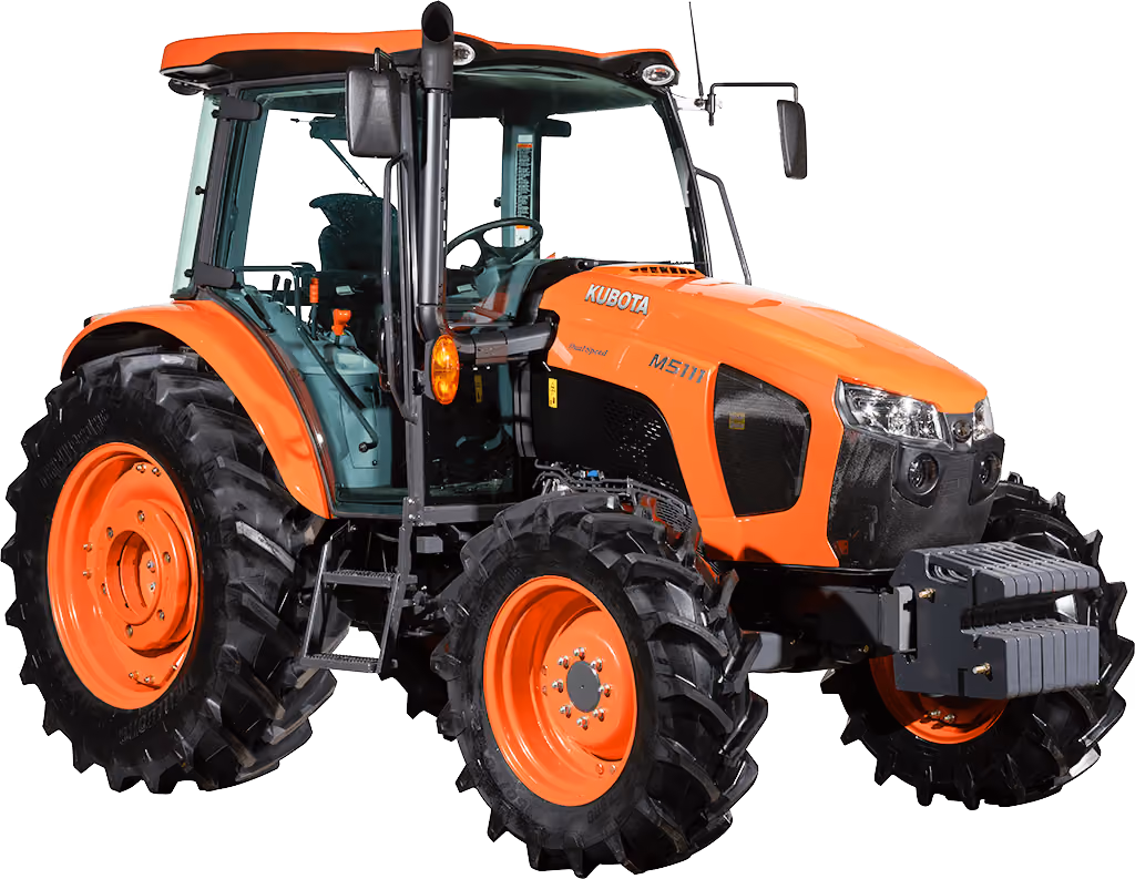 Orange Kubota tractor with roll-over protection on a white studio background.