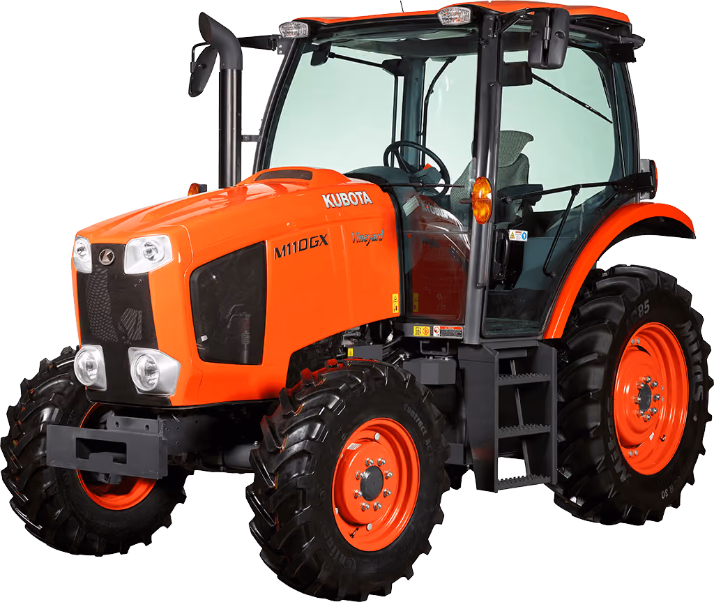 Orange Kubota tractor with roll-over protection on a white studio background.