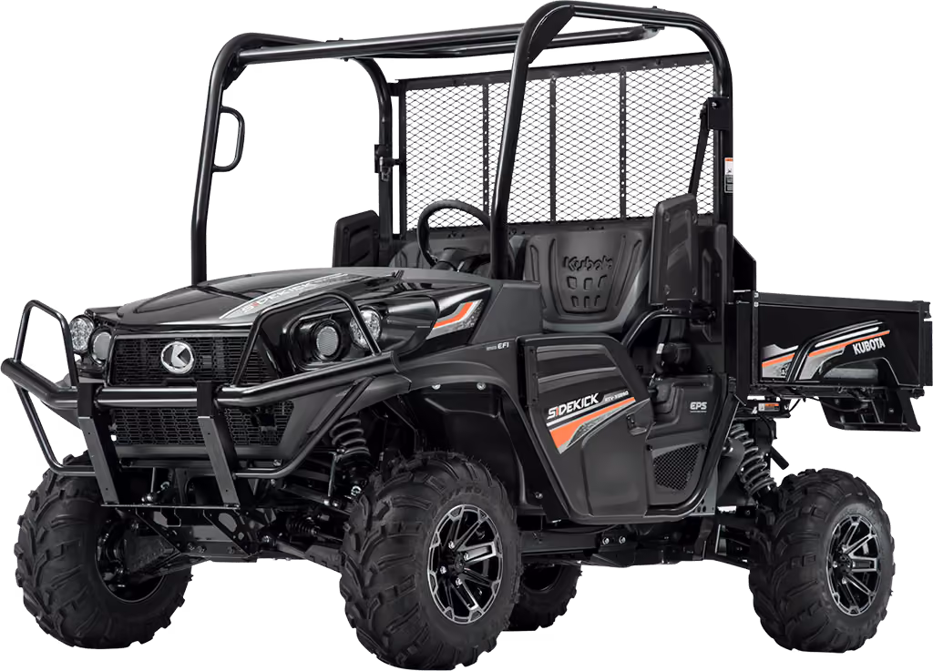 Orange Kubota utility vehicle with open cargo tray on a white studio background.