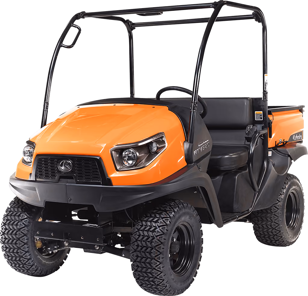Orange Kubota utility vehicle with open cargo tray on a white studio background.