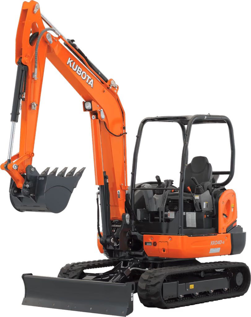 Orange Kubota excavator with tracked undercarriage and digging arm on a white studio background.