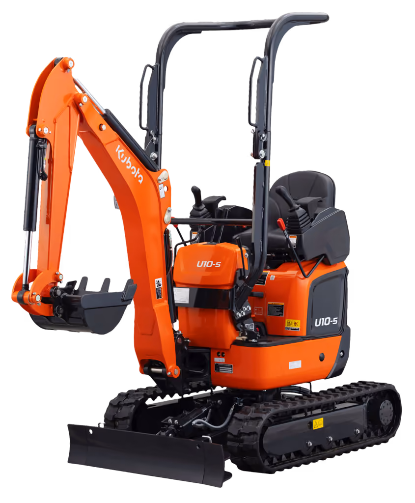 Orange Kubota excavator with tracked undercarriage and digging arm on a white studio background.