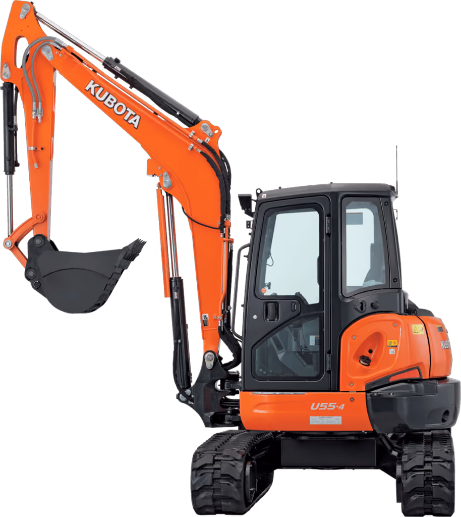 Orange Kubota excavator with tracked undercarriage and digging arm on a white studio background.