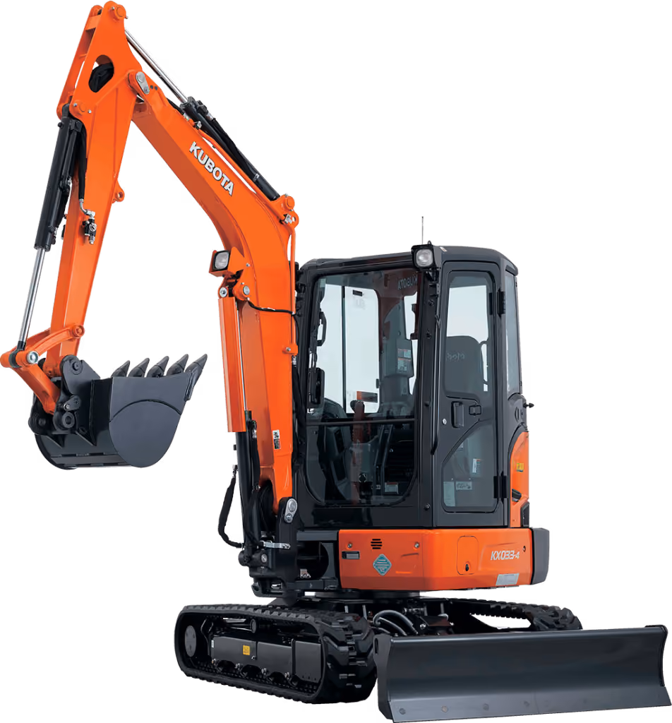 Orange Kubota excavator with tracked undercarriage and digging arm on a white studio background.