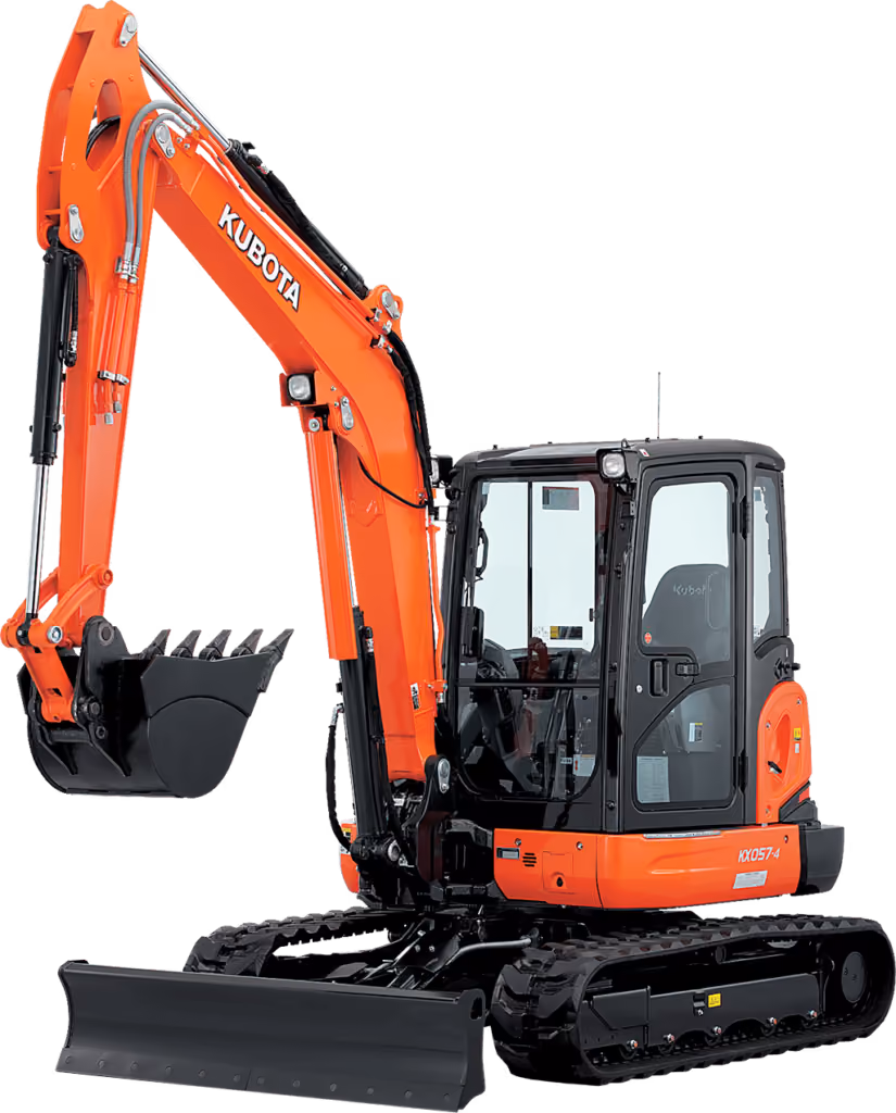Orange Kubota excavator with tracked undercarriage and digging arm on a white studio background.