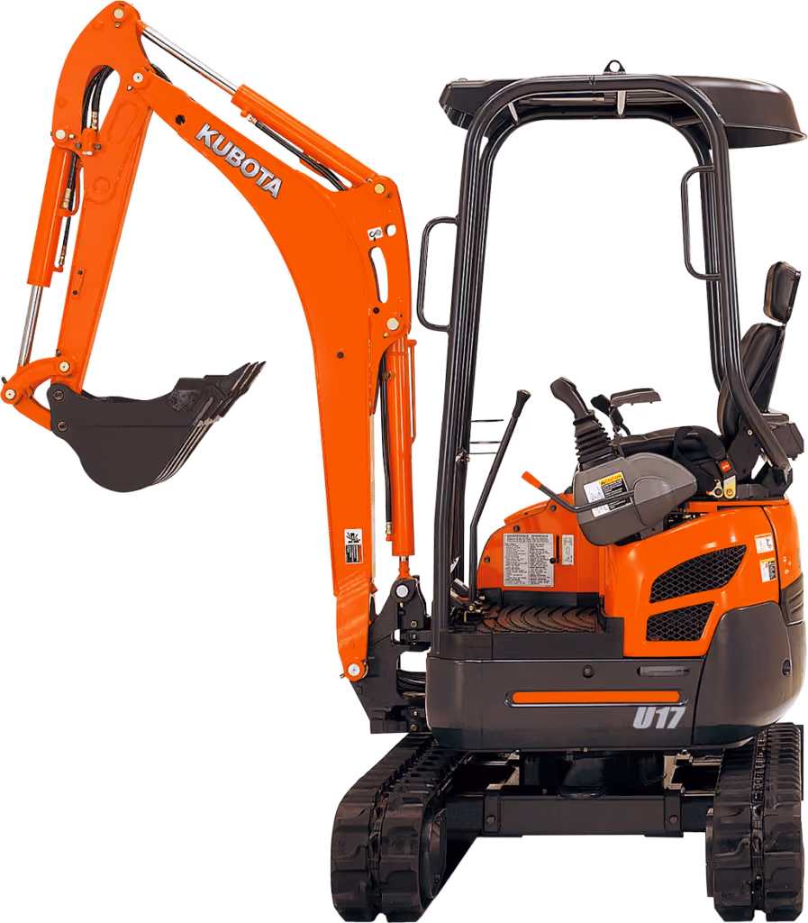 Orange Kubota excavator with tracked undercarriage and digging arm on a white studio background.