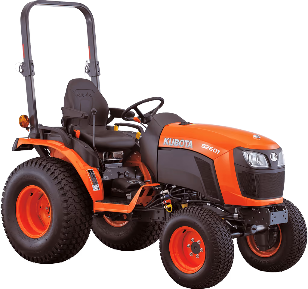 Orange Kubota tractor with roll-over protection on a white studio background.