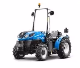 Blue New Holland T4.80V narrow orchard tractor with folding ROPS frame, front three-quarter view.