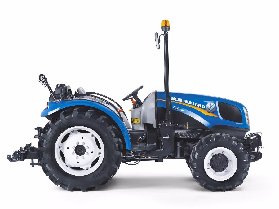 Side profile of a blue New Holland T3.55F orchard tractor showing its low bonnet and upright ROPS frame.