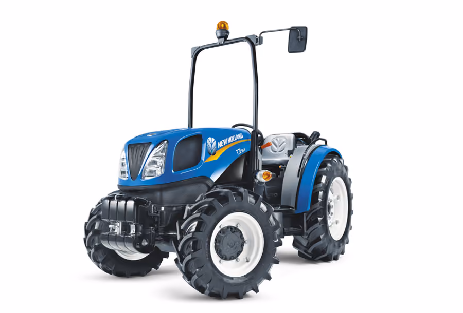 Blue New Holland T3.55F orchard tractor with folding ROPS frame and beacon, front three-quarter view.