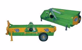 Two Cabe mulchers: a yellow trailed model on a single road wheel with drawbar, and a green three-point mounted model.