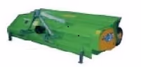 Green Cabe flail mulcher with a yellow drive housing and three-point linkage, viewed from the front.