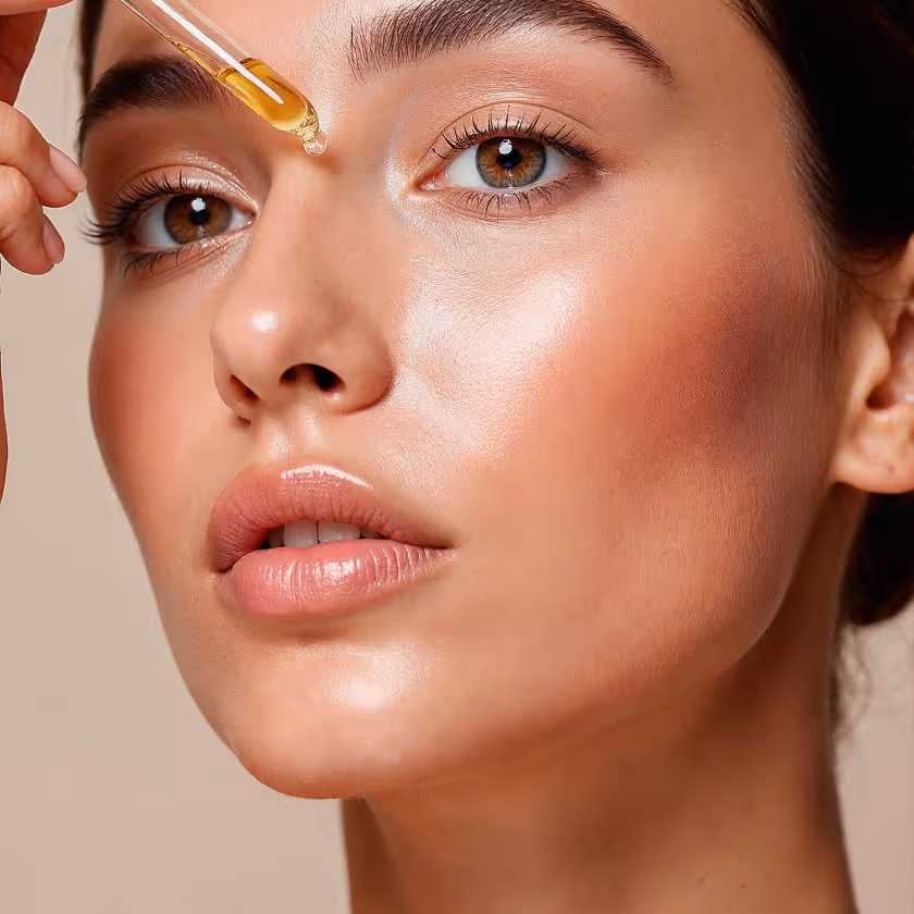 Close-up of woman applying golden facial serum drop on her nose with a dropper.