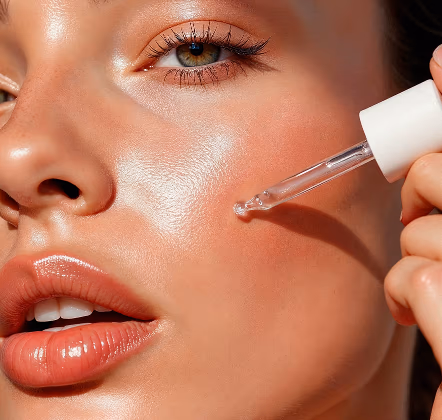 Close-up of a woman applying clear serum with a dropper to her glowing cheek skin.