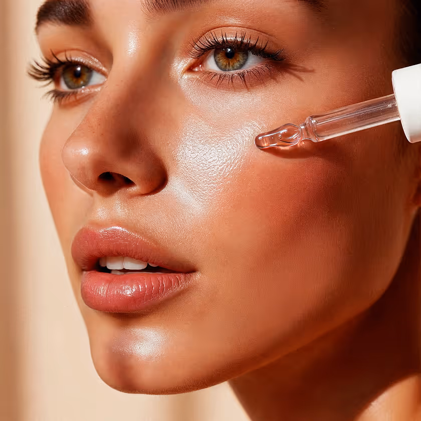 Close-up of woman applying serum to glowing, smooth skin on her cheek with a dropper.