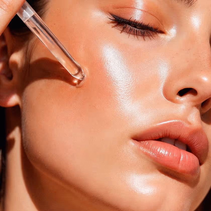 Close-up of woman with closed eyes applying skincare serum with dropper to glowing cheek.