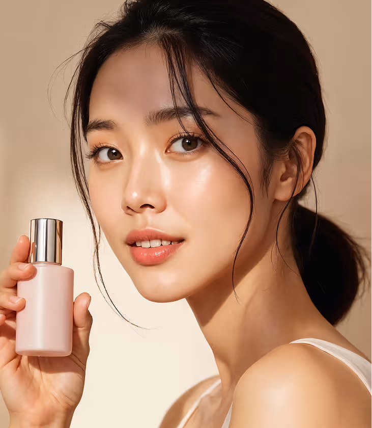 Woman with clear skin holding a pink cosmetic bottle with silver cap, smiling slightly.