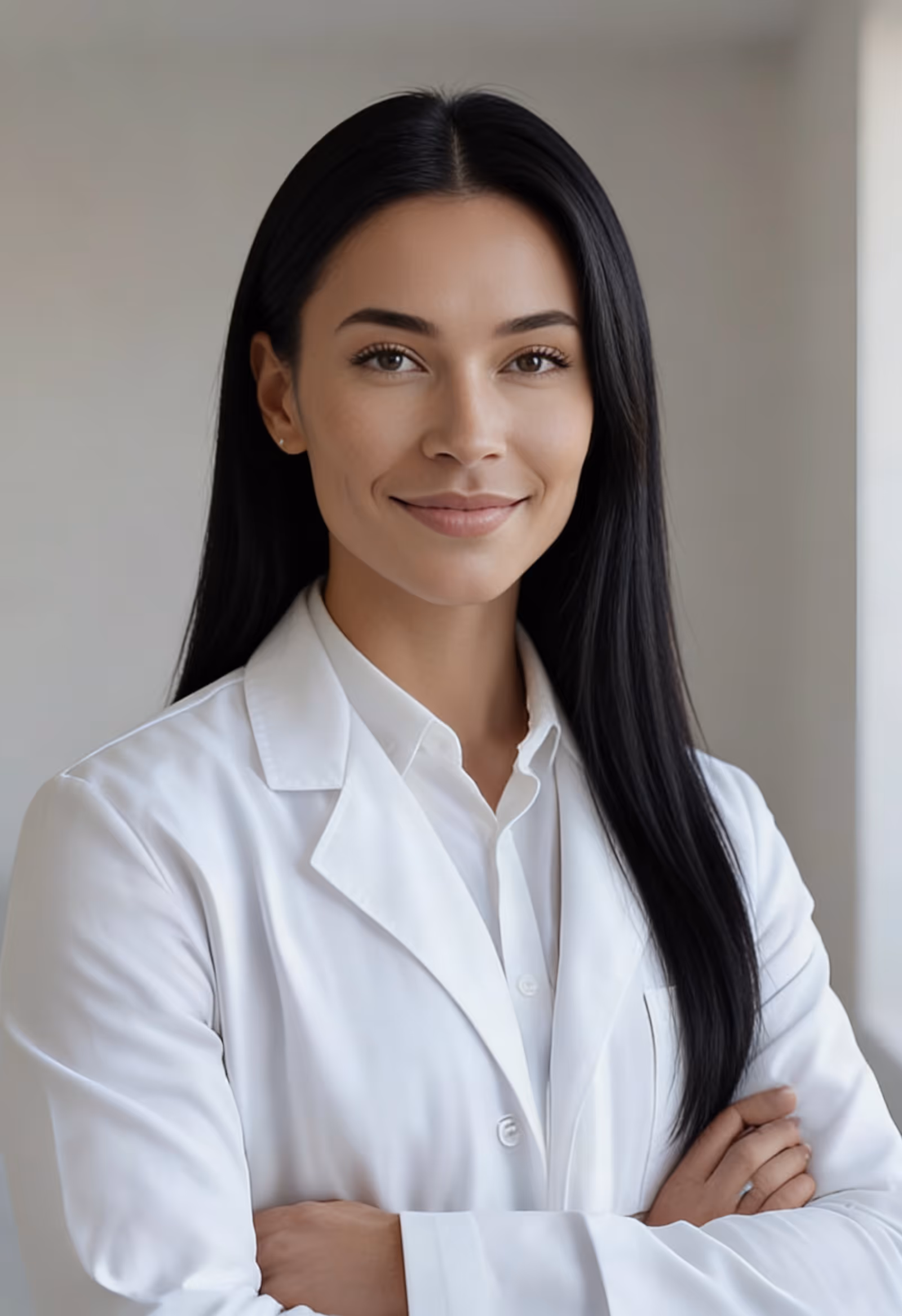 Smiling woman with long dark hair wearing a white medical coat with arms crossed.