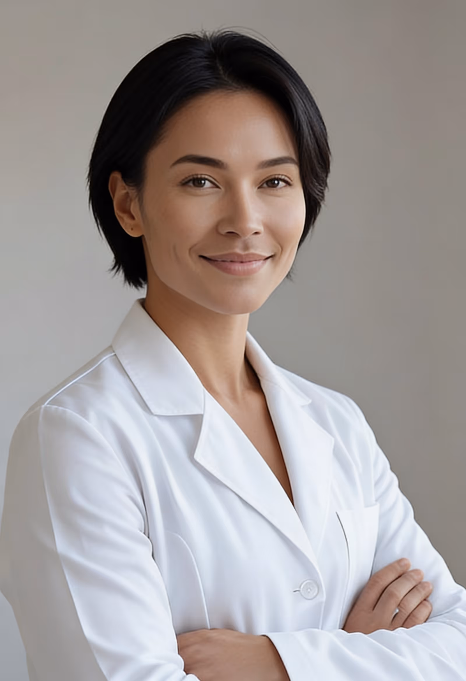 Confident woman in a white lab coat with arms crossed smiling against a plain background.