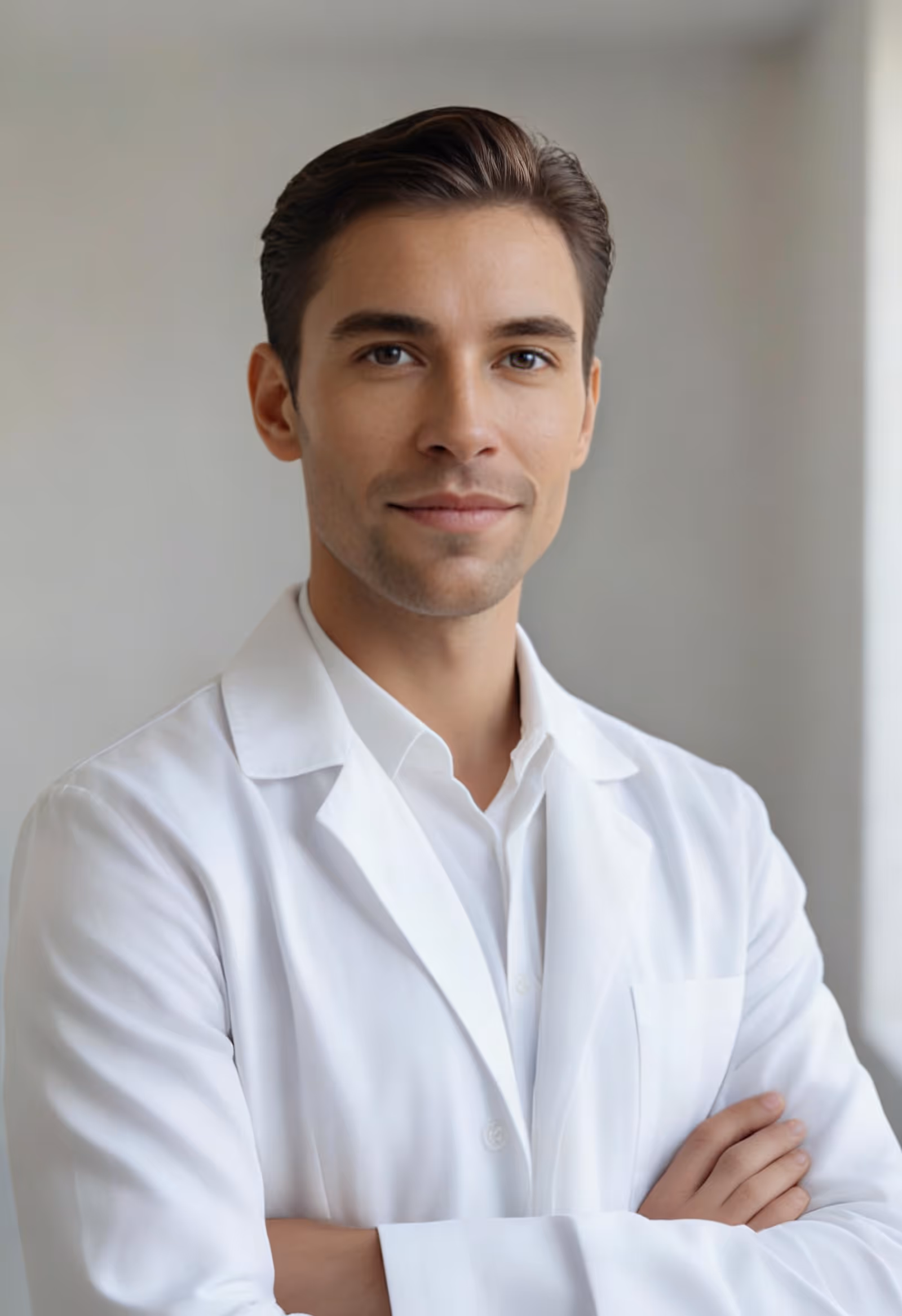 Confident young male doctor with folded arms wearing a white coat, standing in a bright room.