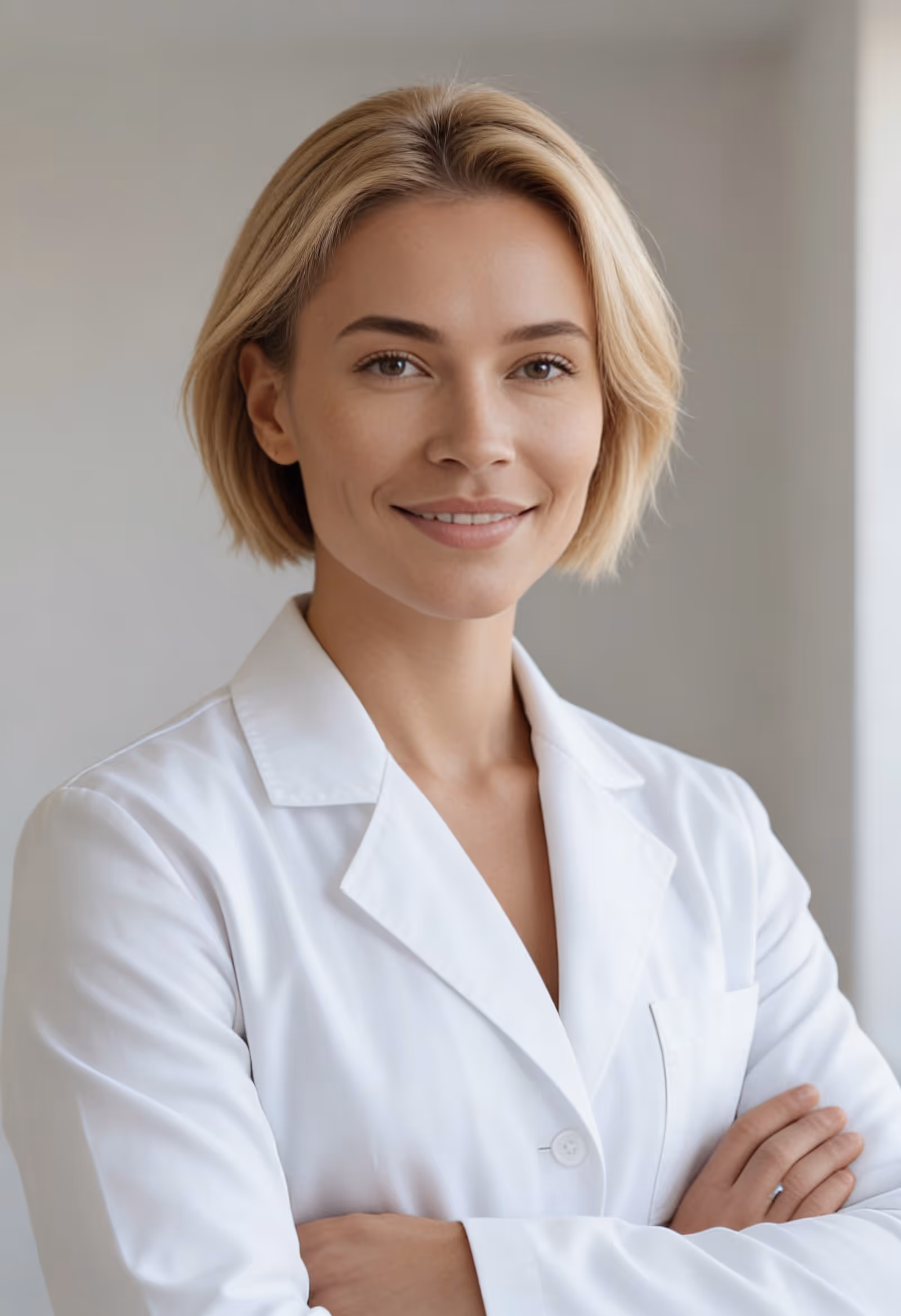 Confident woman in a white lab coat with short blonde hair smiling with arms crossed.