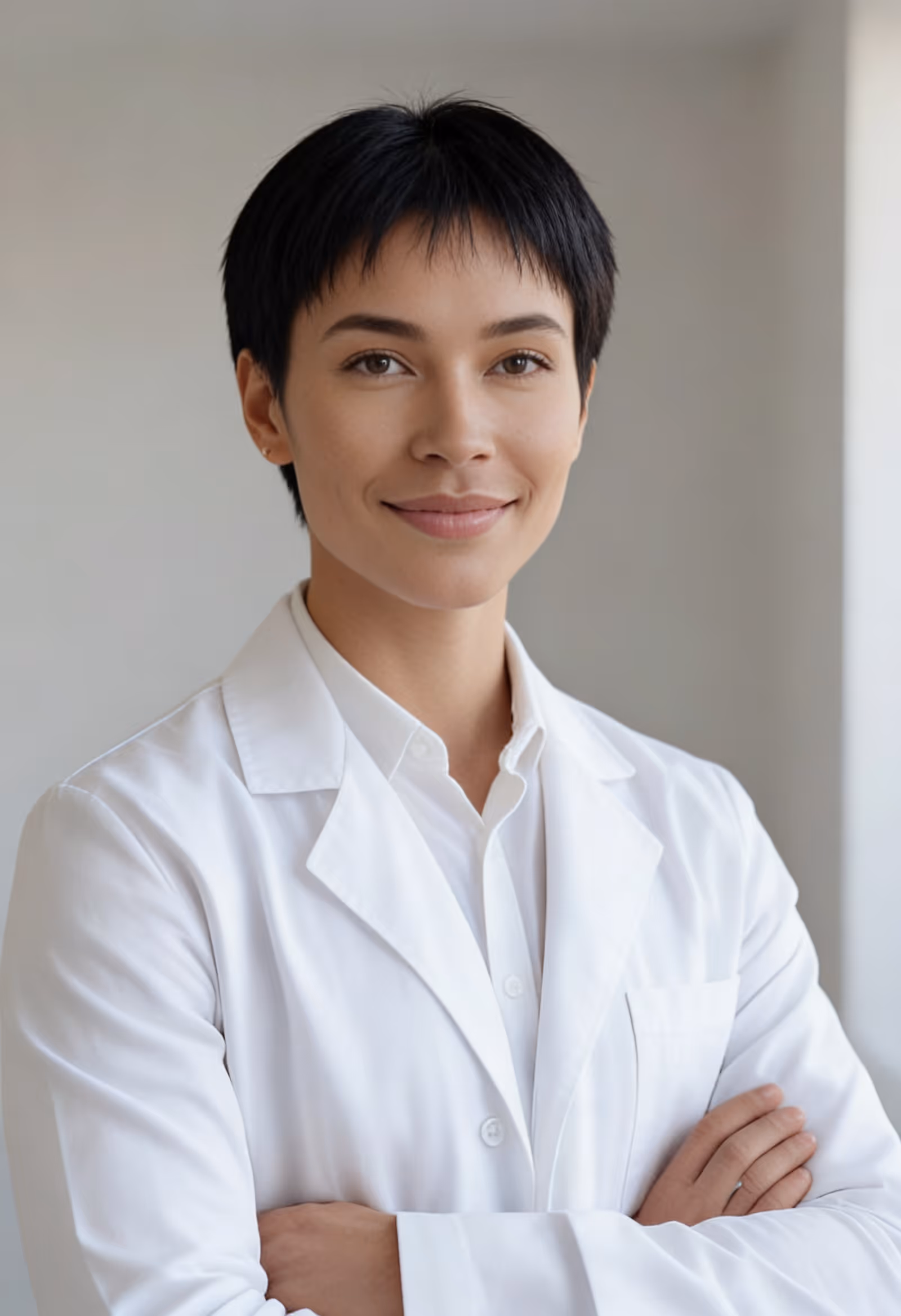Confident woman doctor with short dark hair in a white lab coat, arms crossed, smiling at camera.