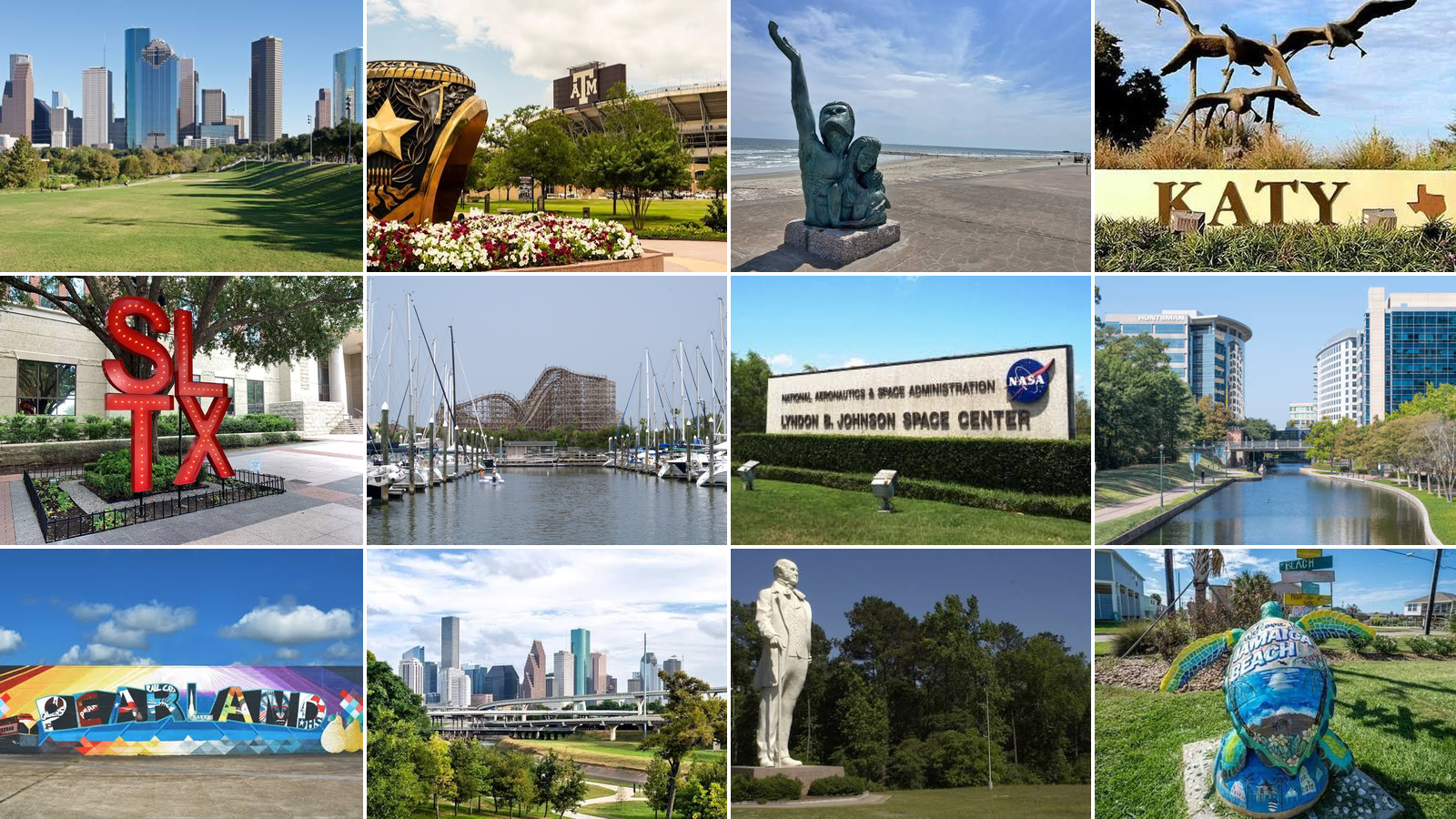 Greater Houston landmarks collage representing the DropIn Oasis Pools service area