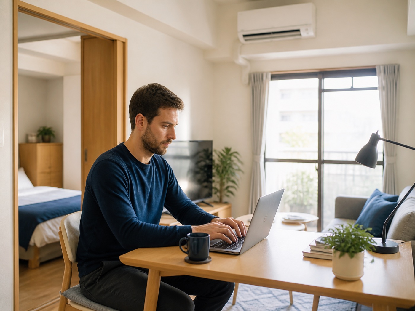 International resident working remotely from a furnished apartment in Japan