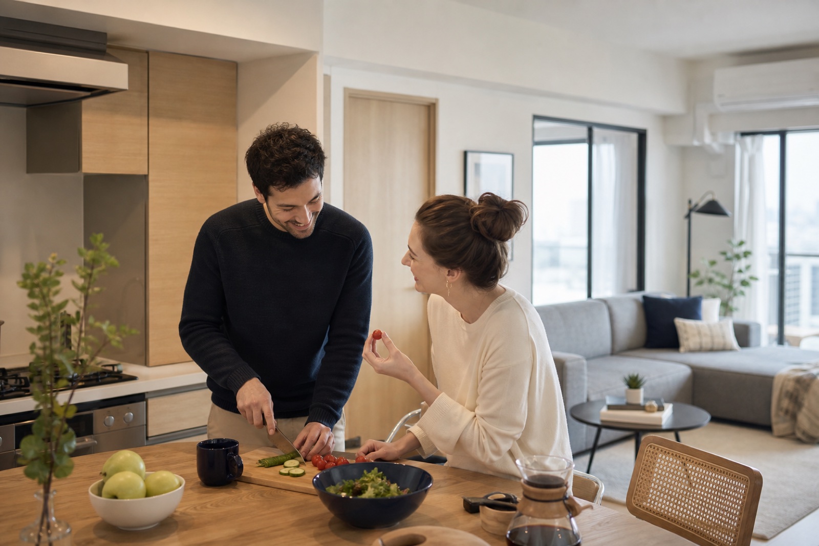 International couple preparing a meal in a furnished apartment in Japan