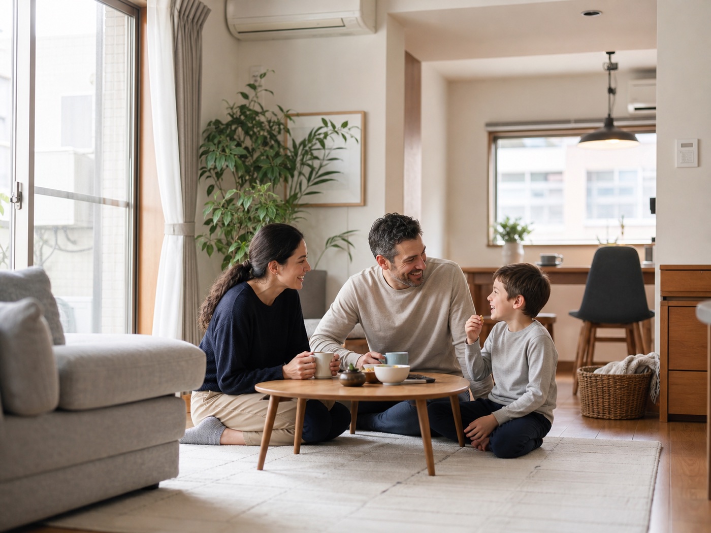 International family relaxing together in a spacious furnished apartment in Japan