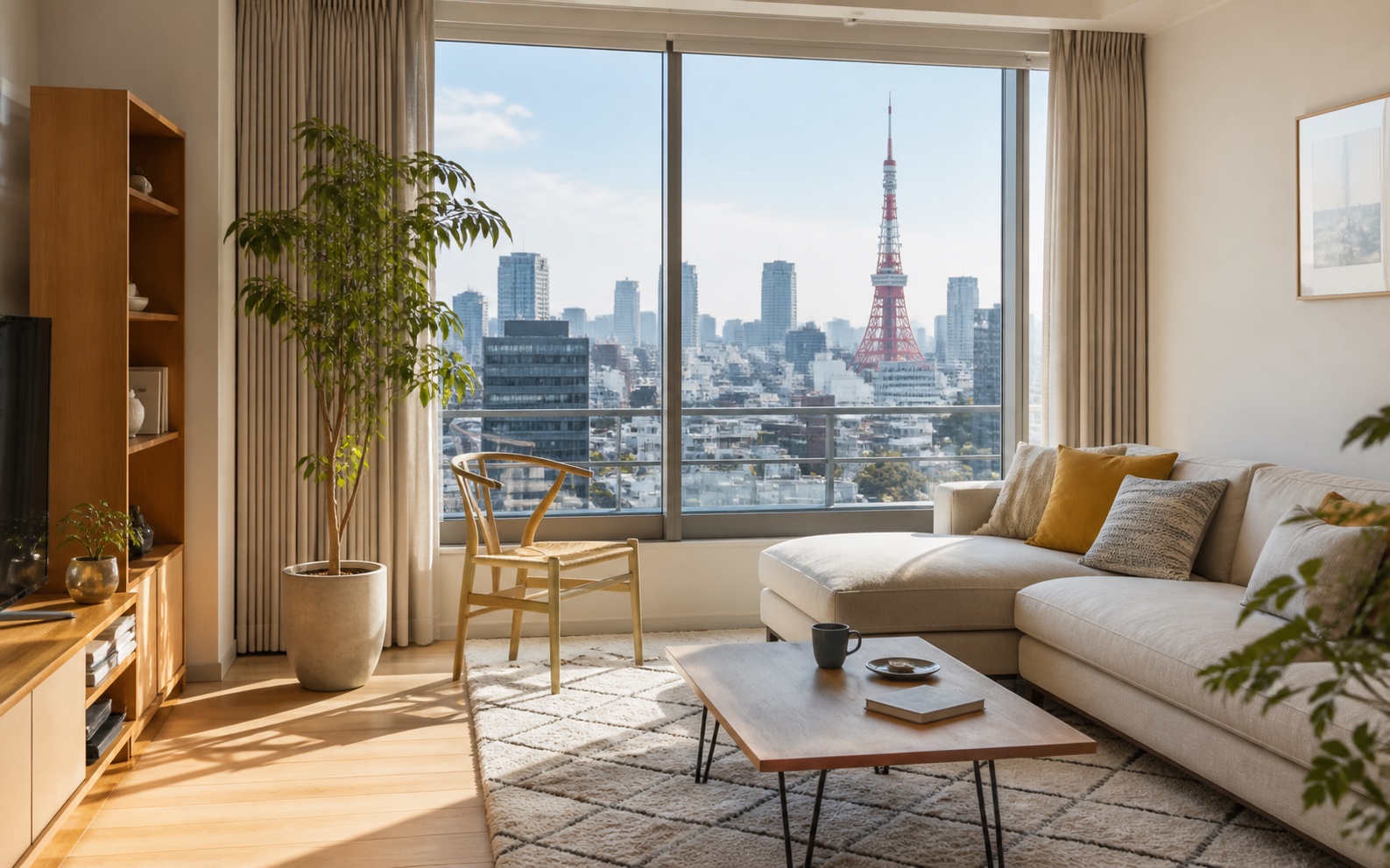 Bright Tokyo apartment interior with Tokyo Tower visible through the window