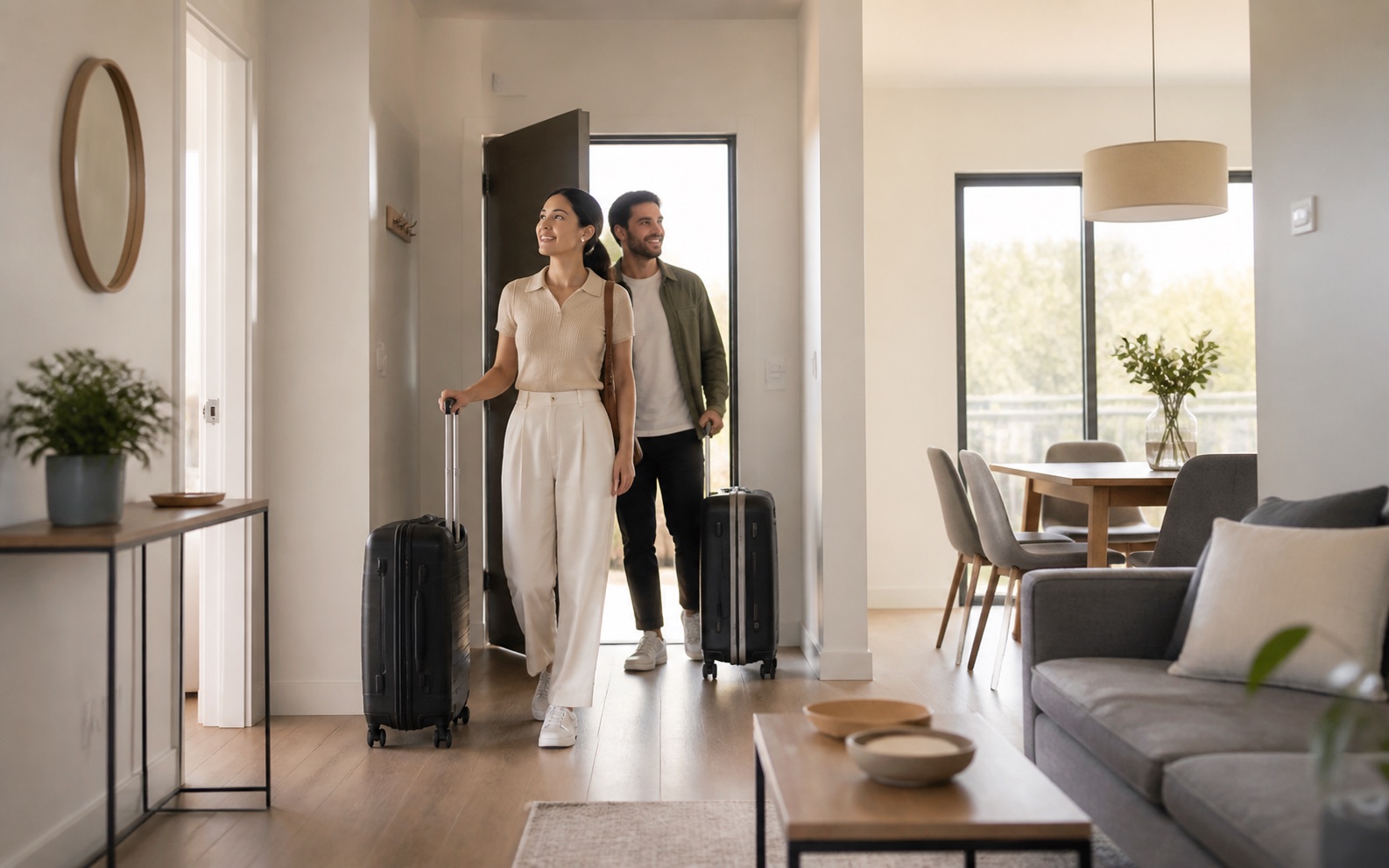 International couple arriving at a furnished apartment with rolling suitcases