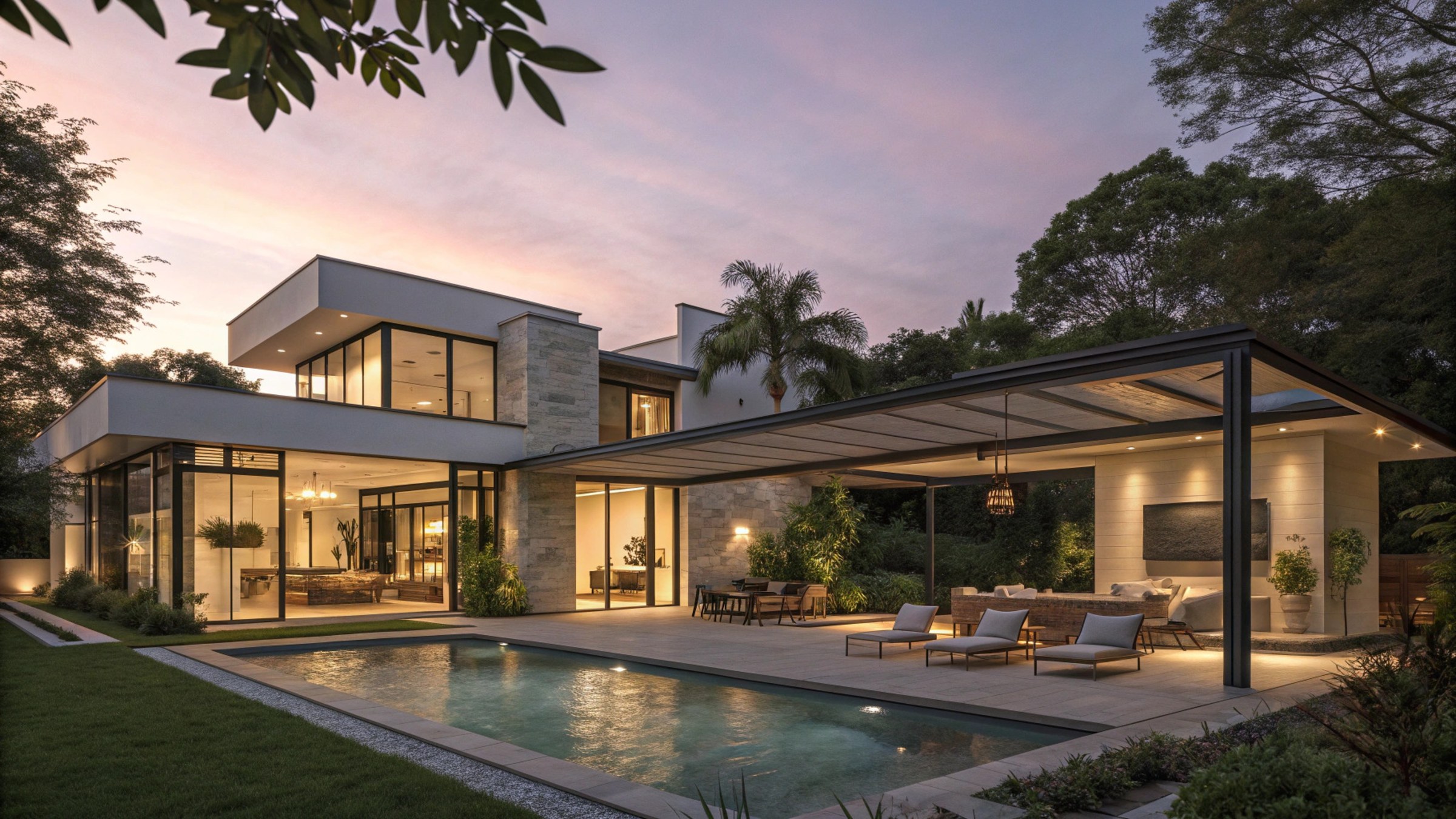 Modern luxury home with pool at dusk in Toronto, managed by CentreKey